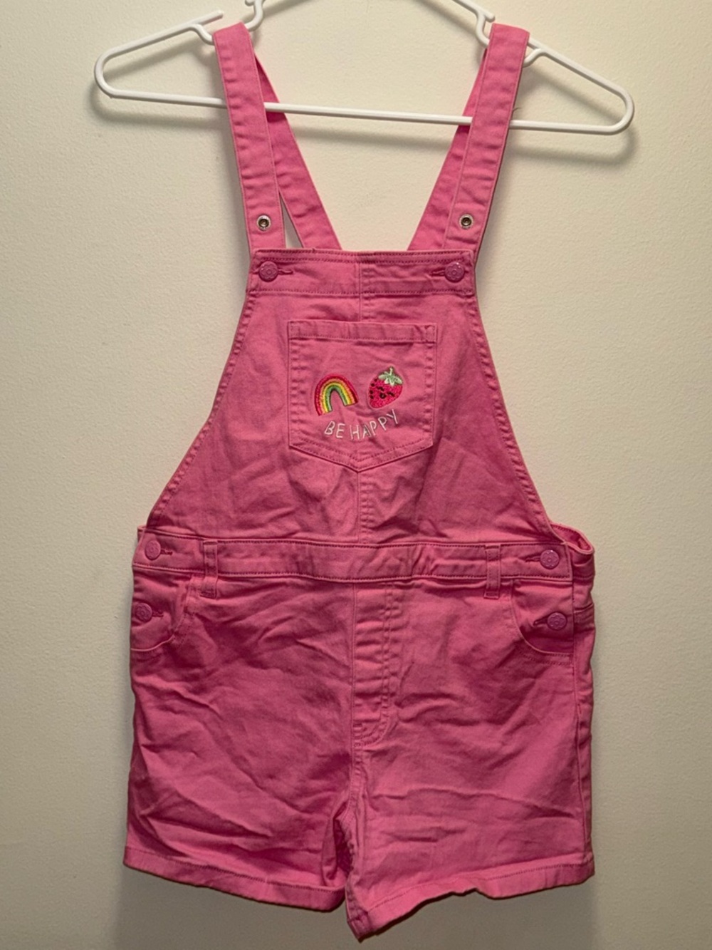 Girls Pink Short Overalls size 10 Rainbow & Strawberry Patch